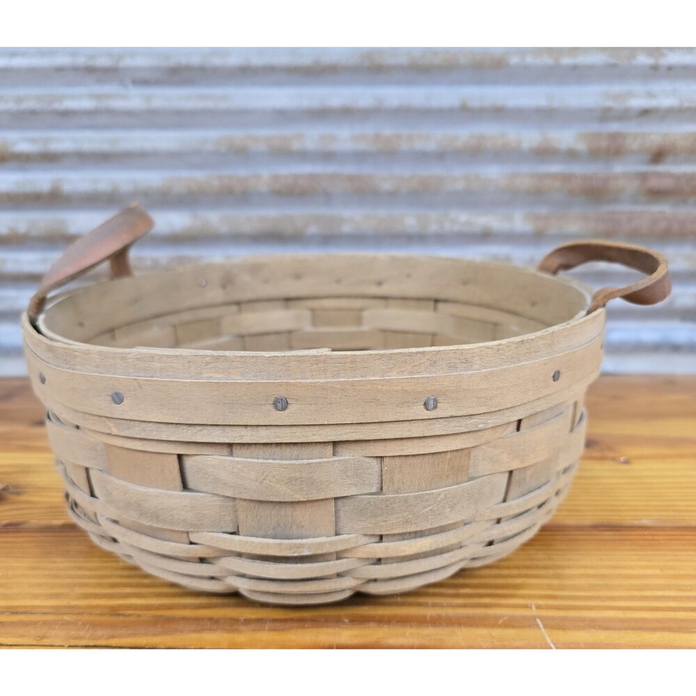 Longaberger 1984 Signed Large 10" Round Basket Leather Handles EUC
